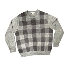 Vintage Geoffrey‎ Beene Men's L Gray Buffalo Plaid Crew Neck LS Sweater Classic